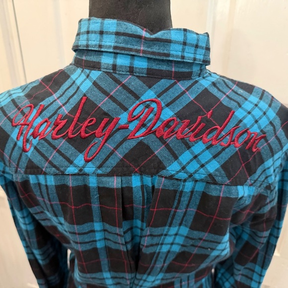 Harley Davidson Motorcycles Embroidered Logo Snap Button Back Flannel Sz M - Picture 7 of 14